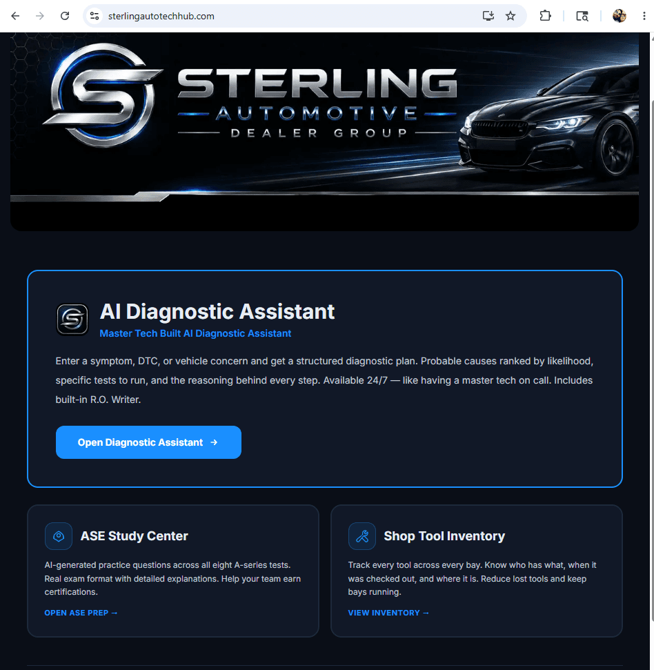 Sterling Automotive white-label APEX Tech home page showing AI diagnostics, ASE prep, and tool inventory under a custom dealer brand
